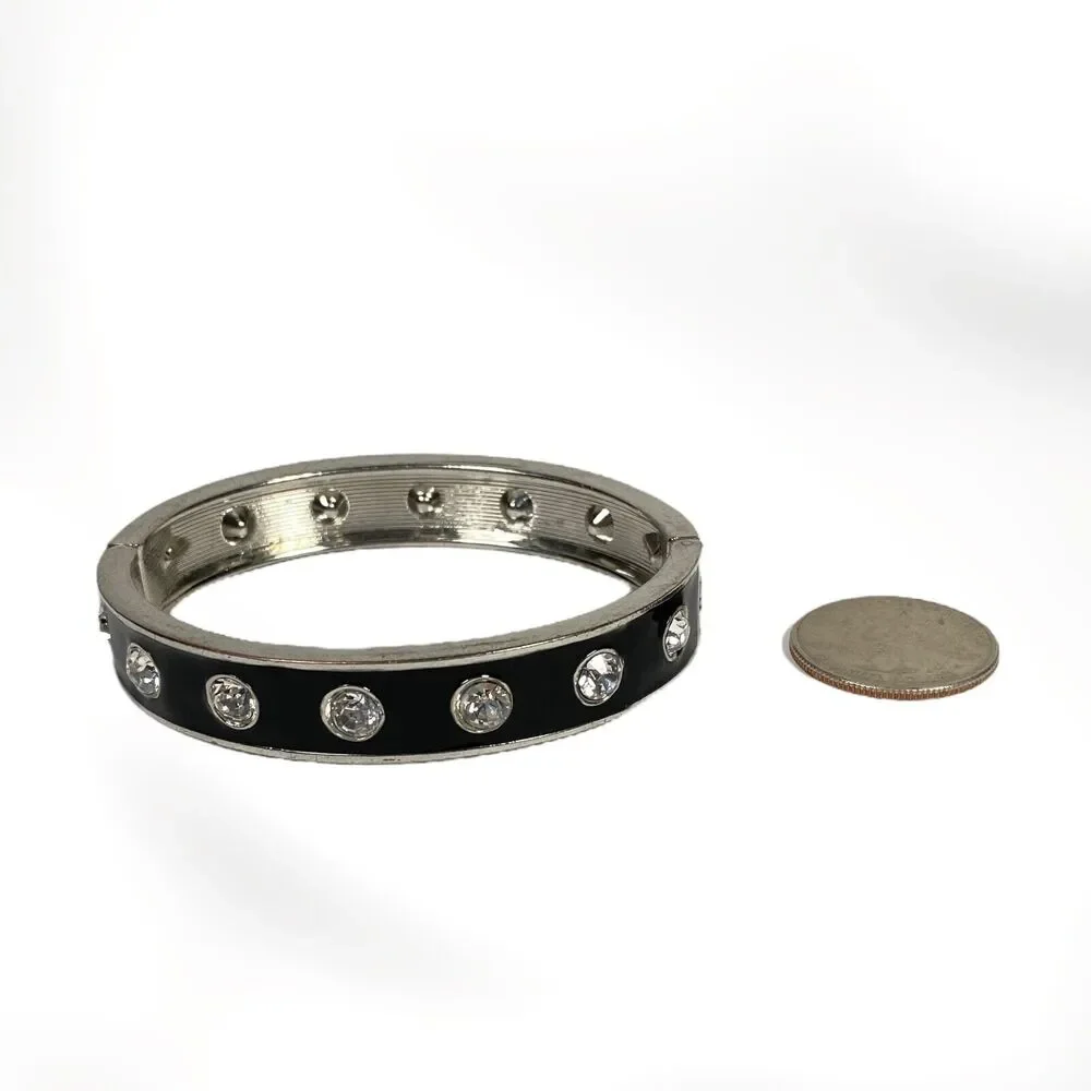 VTG Enamel Rhinestone Studded Bracelet Black Silver Tone Hinged Bangle Clamper